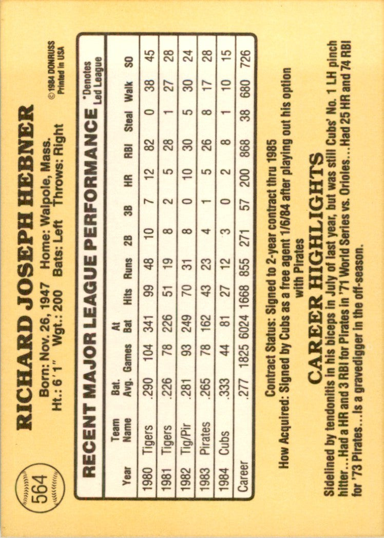 1985 Donruss Richie Hebner 100 Baseball Cards #564