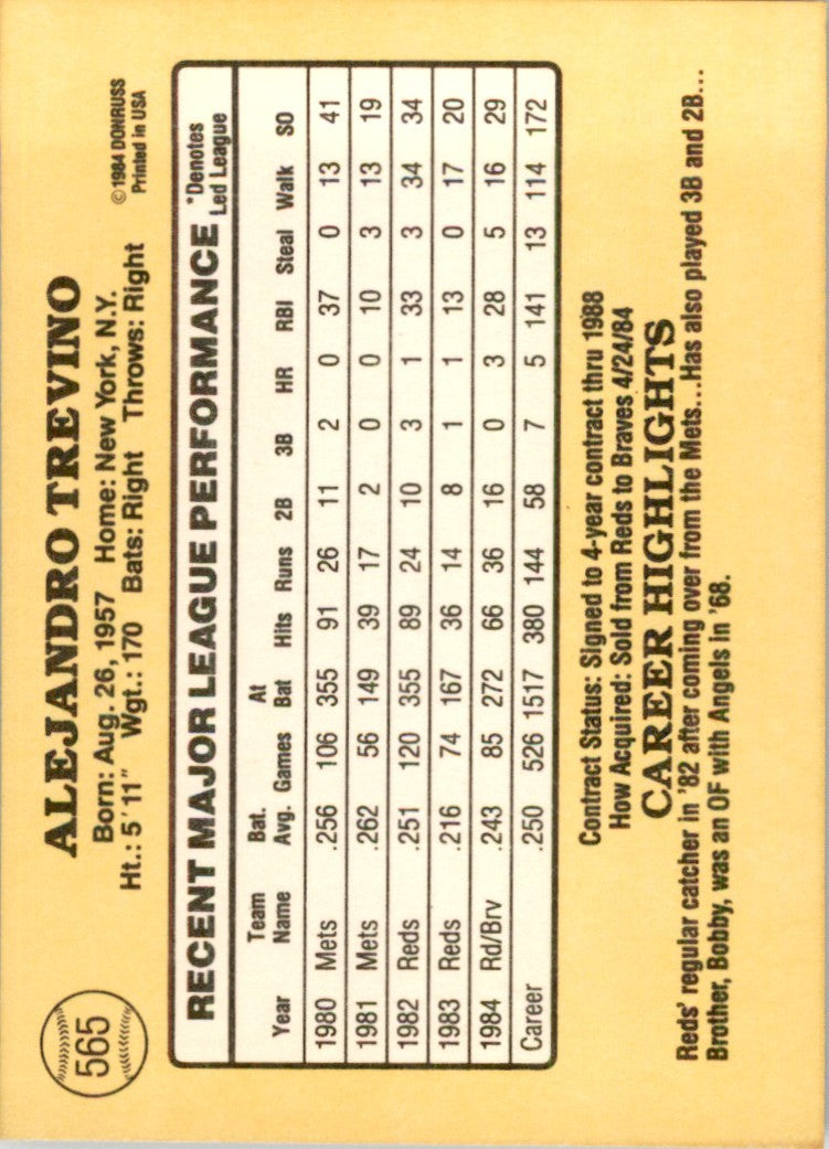 1985 Donruss Alex Trevino 100 Baseball Cards #565