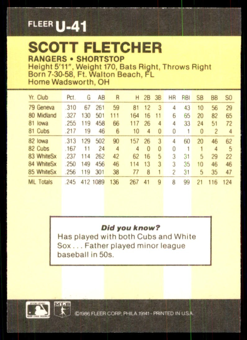 1986 Fleer Update Scott Fletcher Baseball Cards #U-41