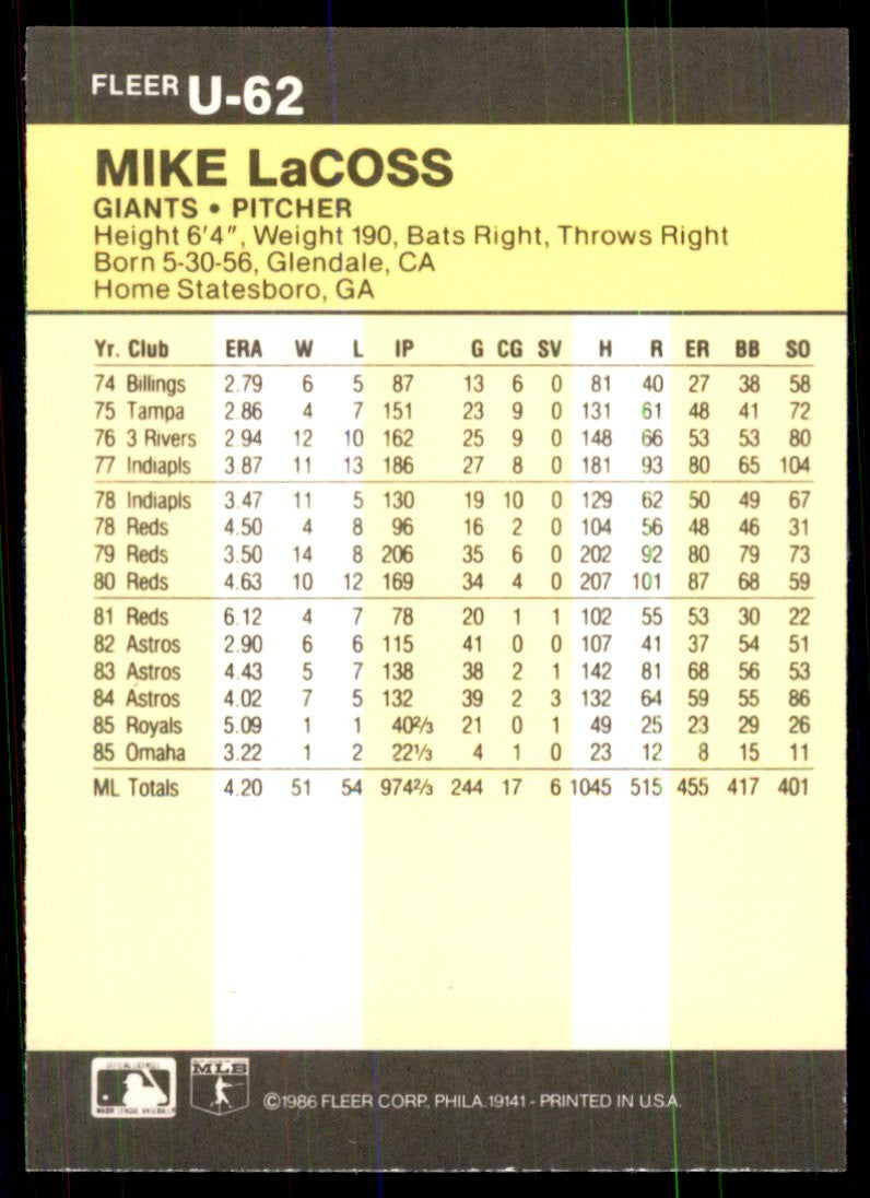 1986 Fleer Update Mike LaCoss Baseball Cards #U-62