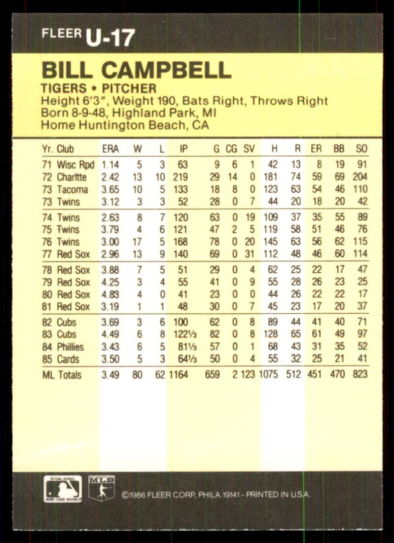 1986 Fleer Update Bill Campbell Baseball Cards #U-17