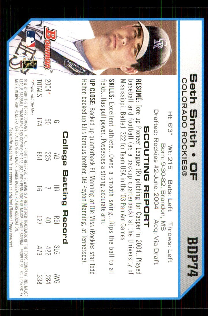 2004 Bowman Seth Smith Baseball Cards #BDP74