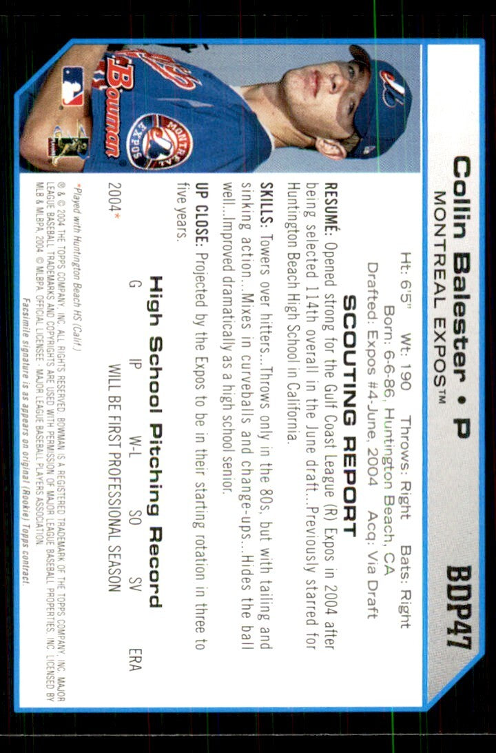 2004 Bowman Collin Balester Baseball Cards #BDP47