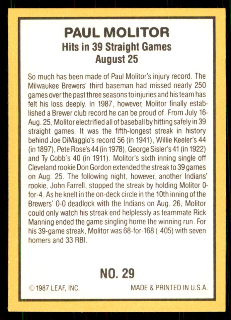 1987 Donruss Highlights Paul Molitor Baseball Cards #29