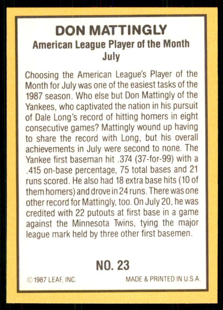 1987 Donruss Highlights Don Mattingly Baseball Cards #23