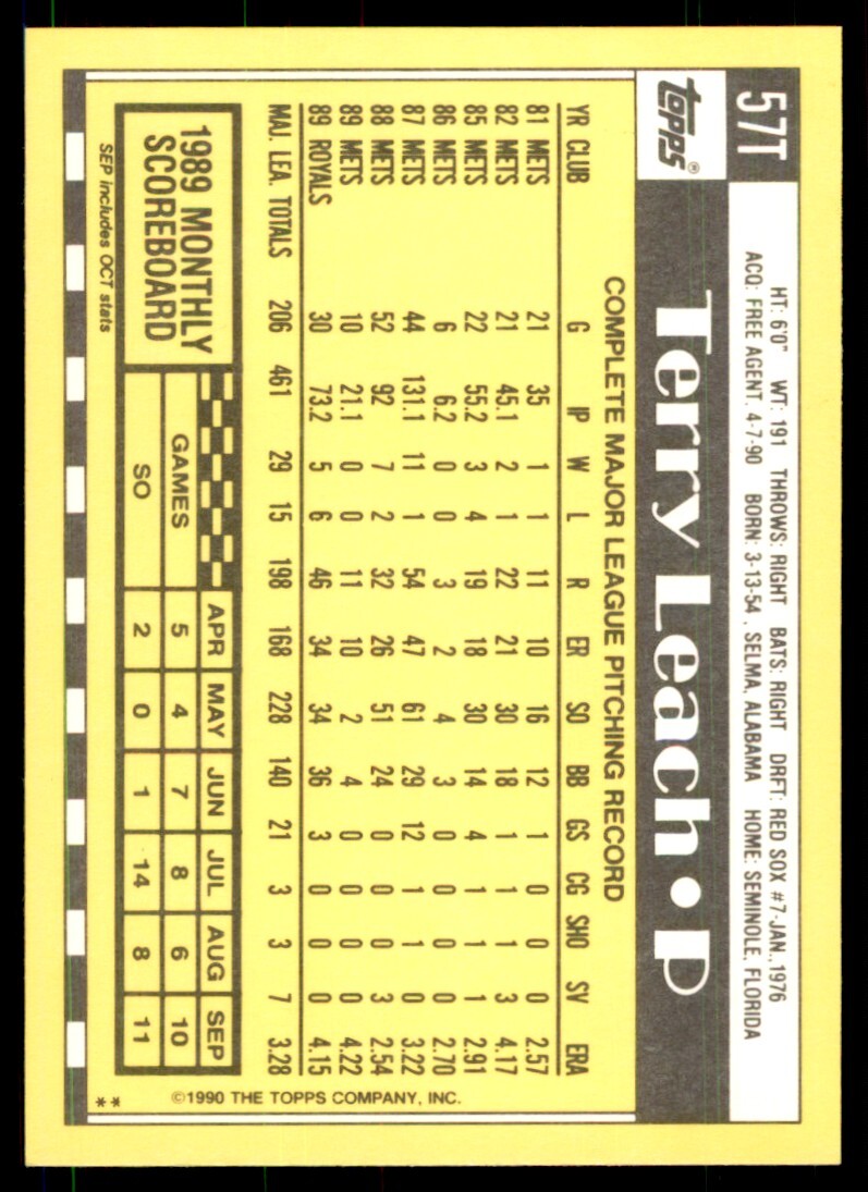 1990 Topps Traded Terry Leach Baseball Cards #57T