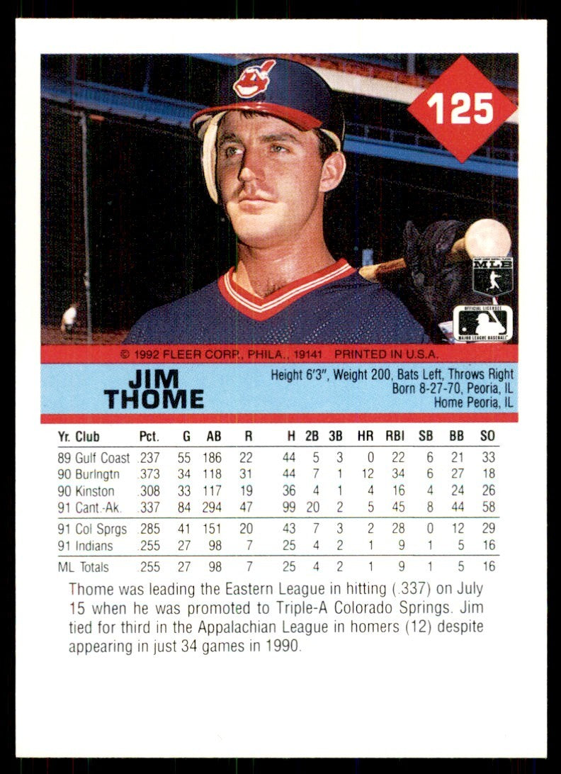 1992 Fleer Jim Thome Baseball Cards #125