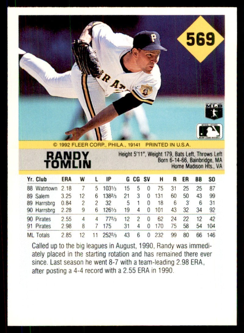 1992 Fleer Randy Tomlin Baseball Cards #569