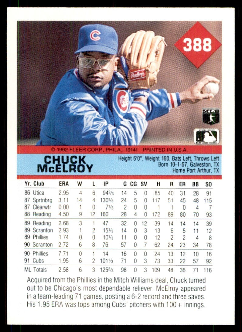 1992 Fleer Chuck McElroy Baseball Cards #388