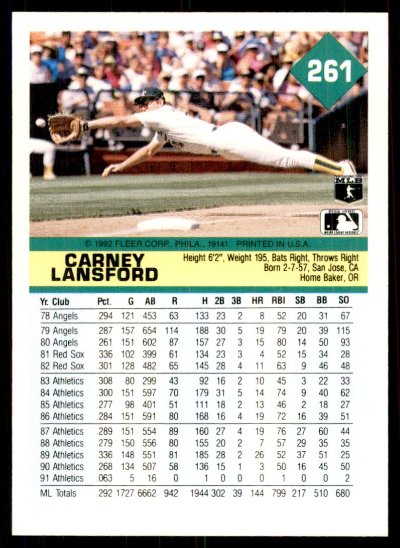 1992 Fleer Carney Lansford Baseball Cards #261