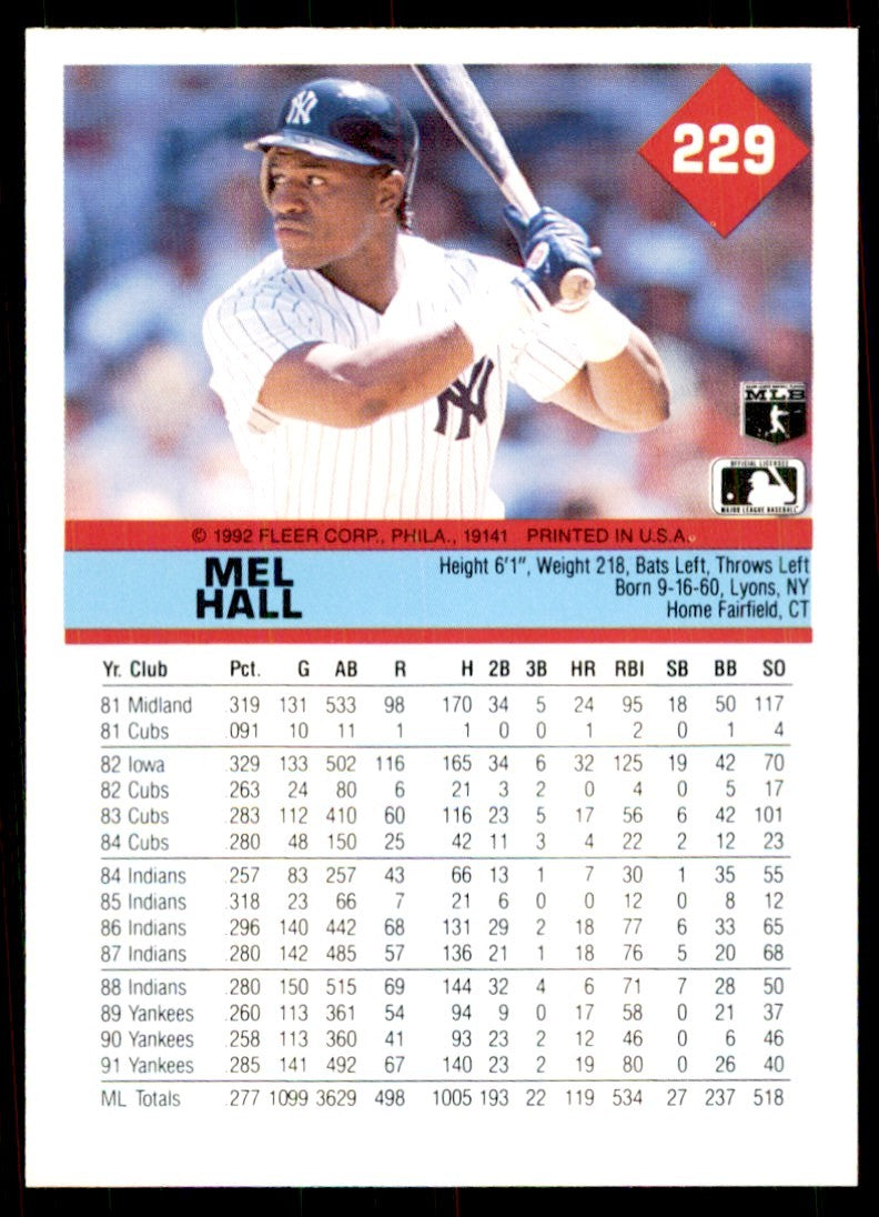1992 Fleer Mel Hall Baseball Cards #229