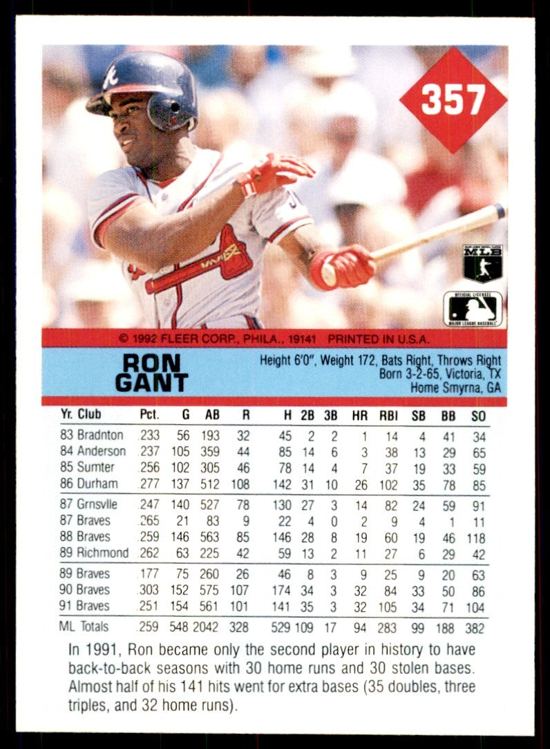 1992 Fleer Ron Gant Baseball Cards #357