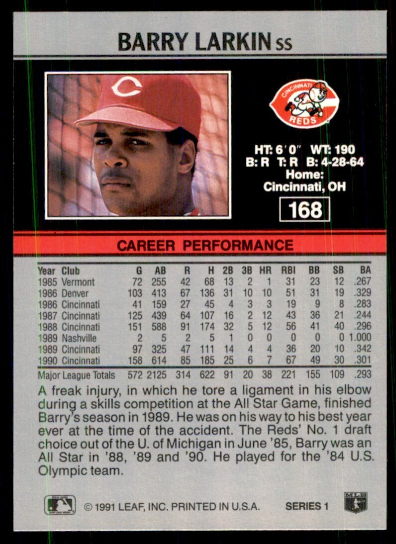 1991 Leaf Barry Larkin Baseball Cards #168