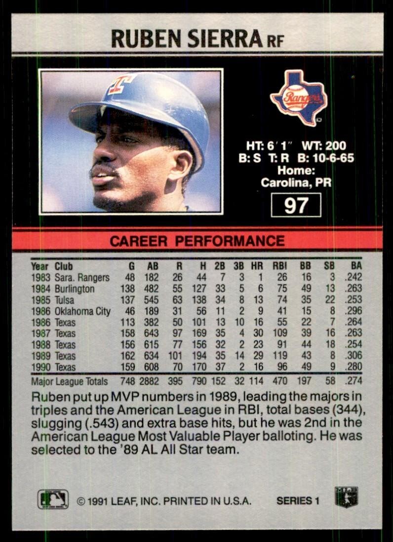 1991 Leaf Ruben Sierra Baseball Cards #97
