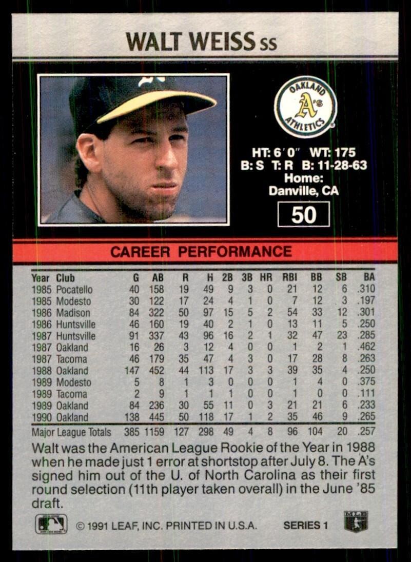 1991 Leaf Walt Weiss Baseball Cards #50
