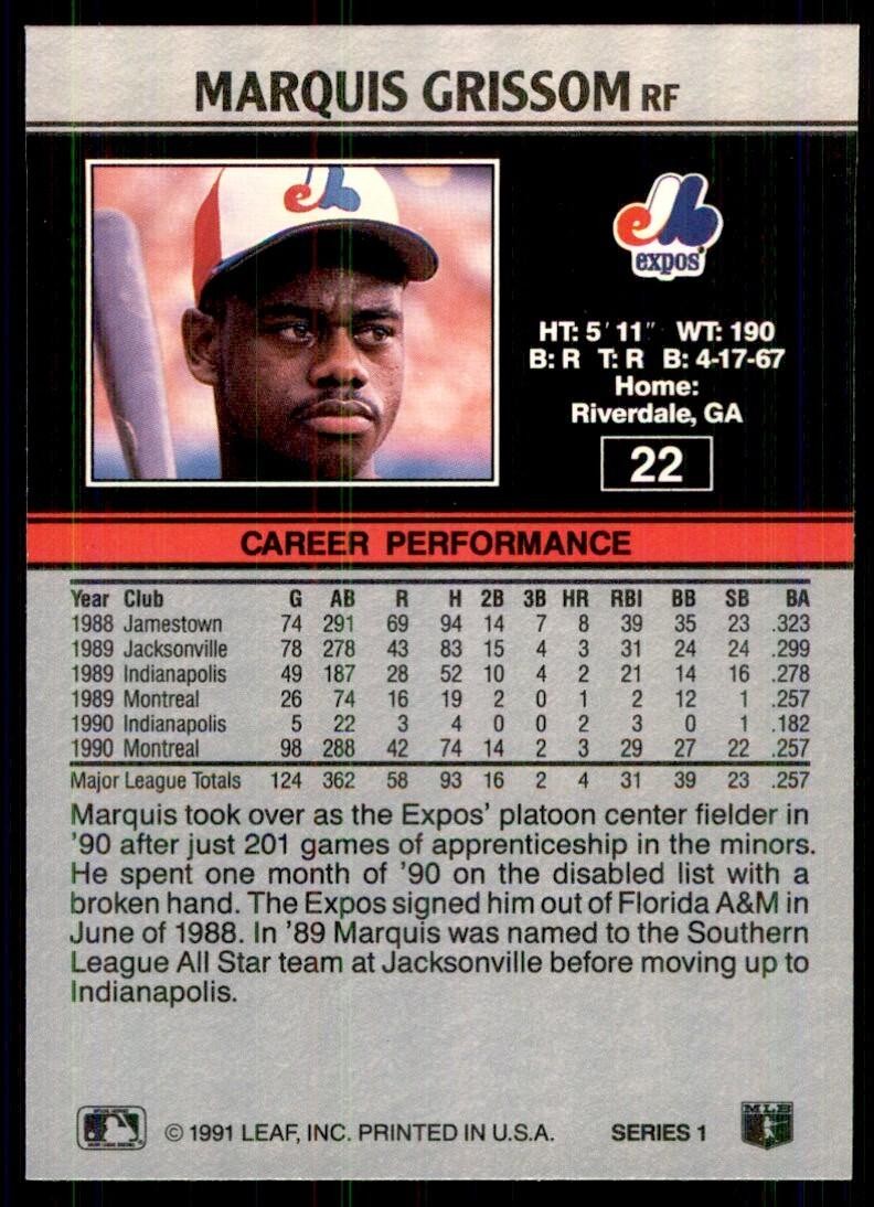 1991 Leaf Marquis Grissom Baseball Cards #22