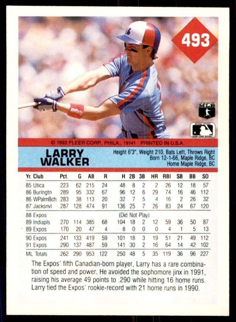1992 Fleer. Larry Walker Baseball Cards. #493