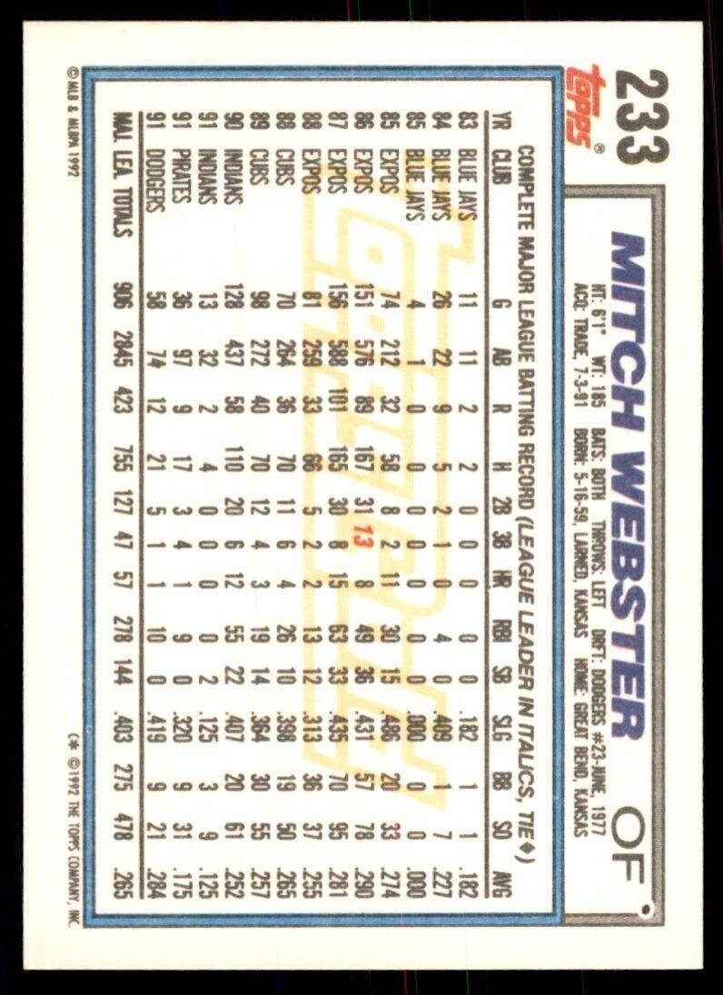 1992 Topps Gold Mitch Webster Baseball Cards #233