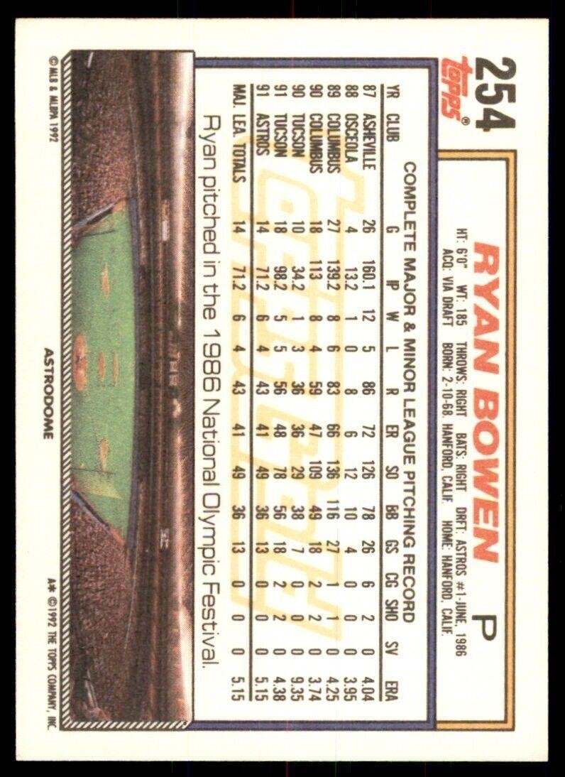 1992 Topps Gold Winners Ryan Bowen Baseball Cards #254