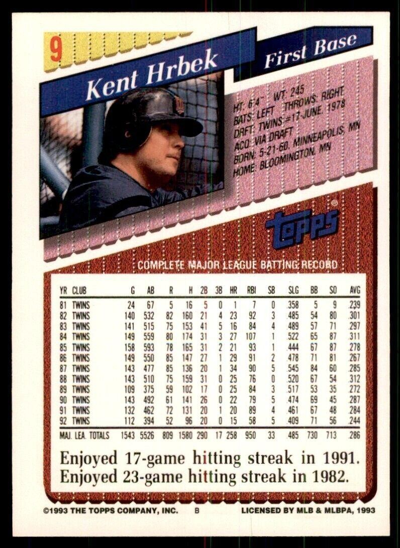 1993 Topps Gold Kent Hrbek B Baseball Cards #9