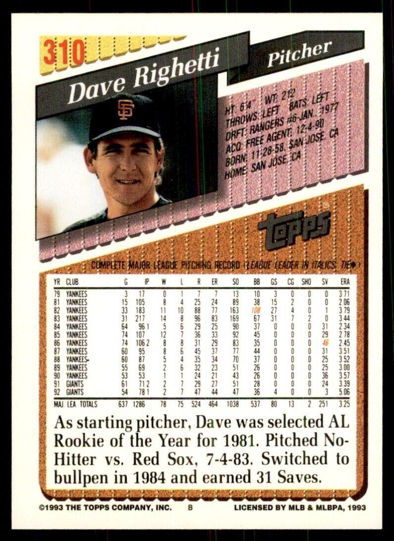 1993 Topps Gold Dave Righetti C Baseball Cards #310