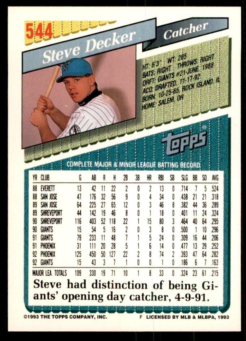 1993 Topps Gold Steve Decker Baseball Cards #544
