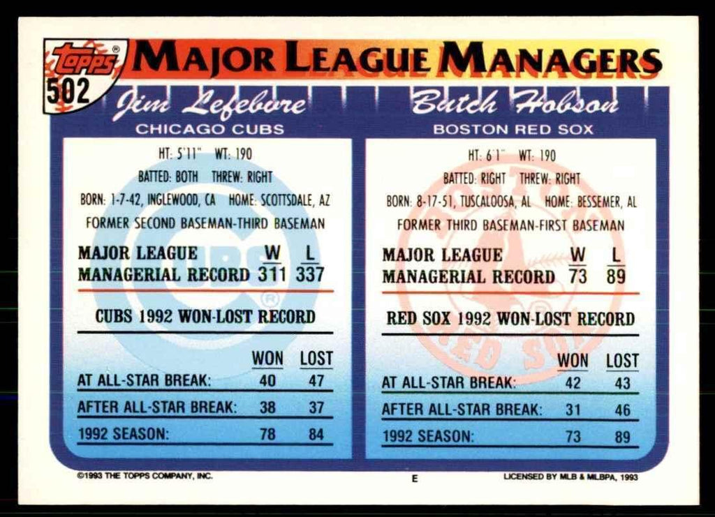 1993 Topps Gold Jim LeFebvre/Butch Hobson Baseball Cards #502