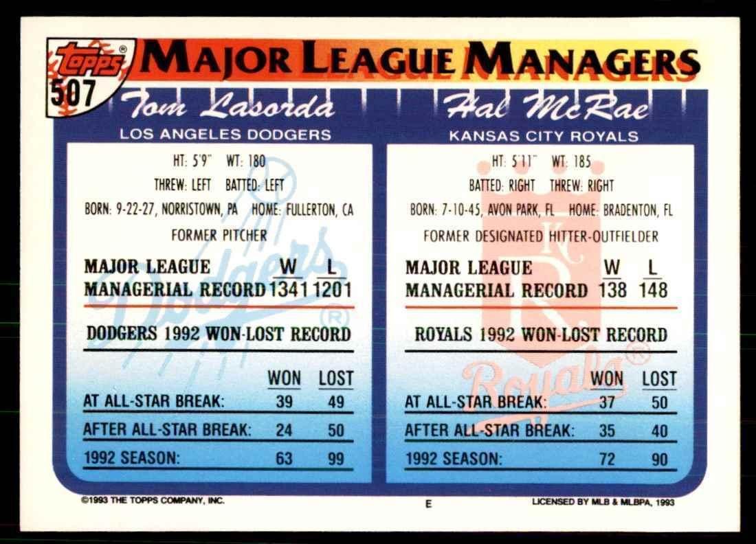 1993 Topps Gold Tom Lasorda/Hal McRae Baseball Cards #507