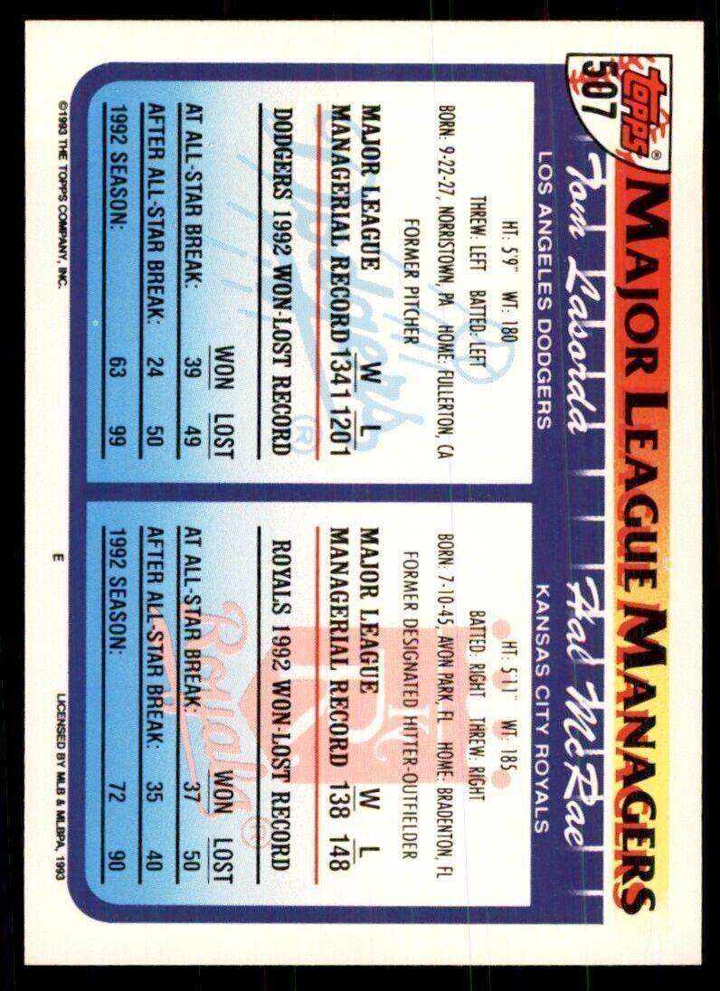 1993 Topps Gold. Tom Lasorda/Hal McRae B Baseball Cards #507