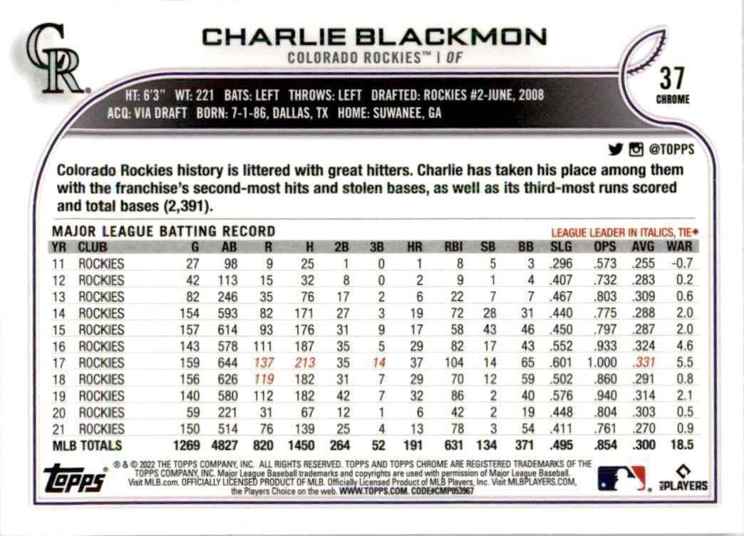 2022 Topps Chrome Charlie Blackmon A Baseball Cards #37