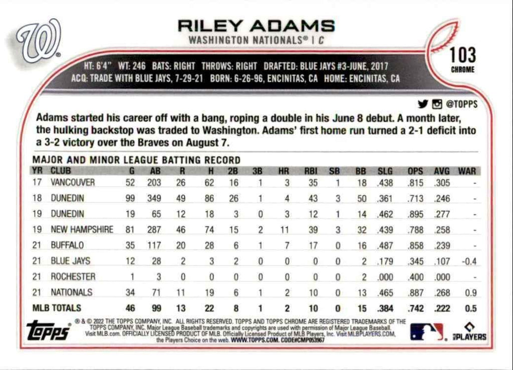 2022 Topps Chrome Riley Adams A Baseball Cards #103