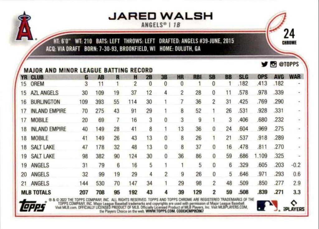 2022 Topps Chrome Jared Walsh A Baseball Cards #24