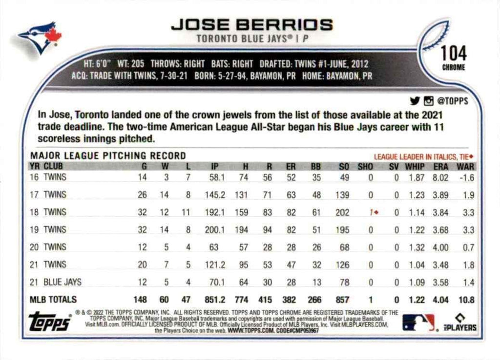 2022 Topps Chrome Jose Berrios A Baseball Cards #104