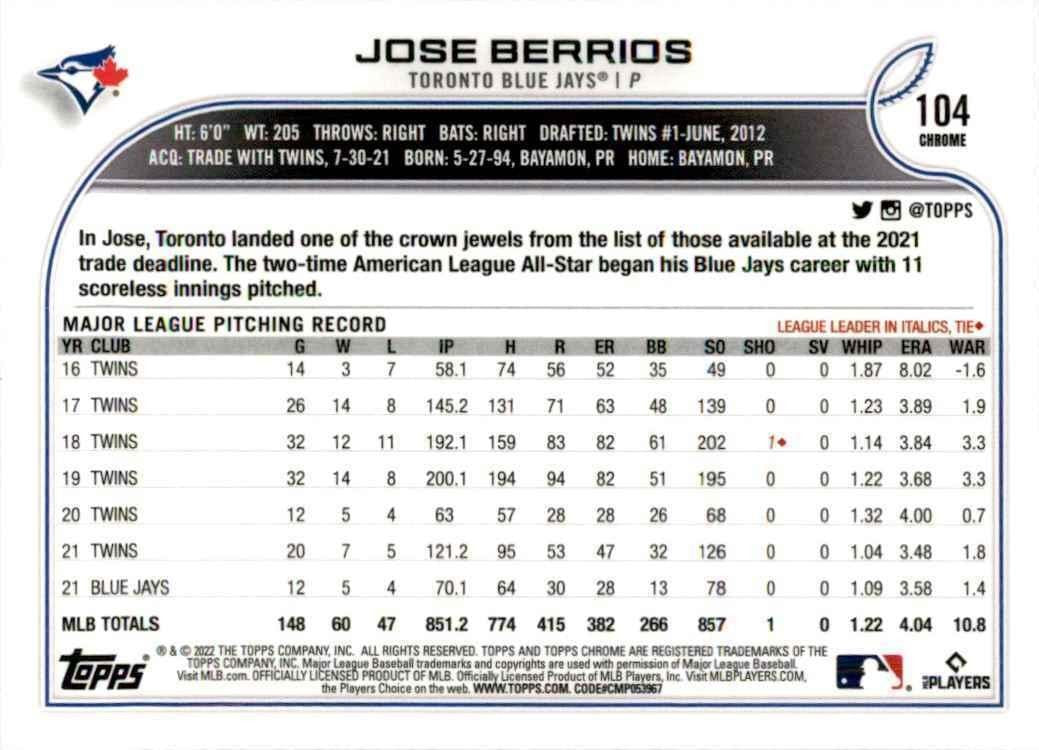 2022 Topps Chrome Jose Berrios A Baseball Cards #104