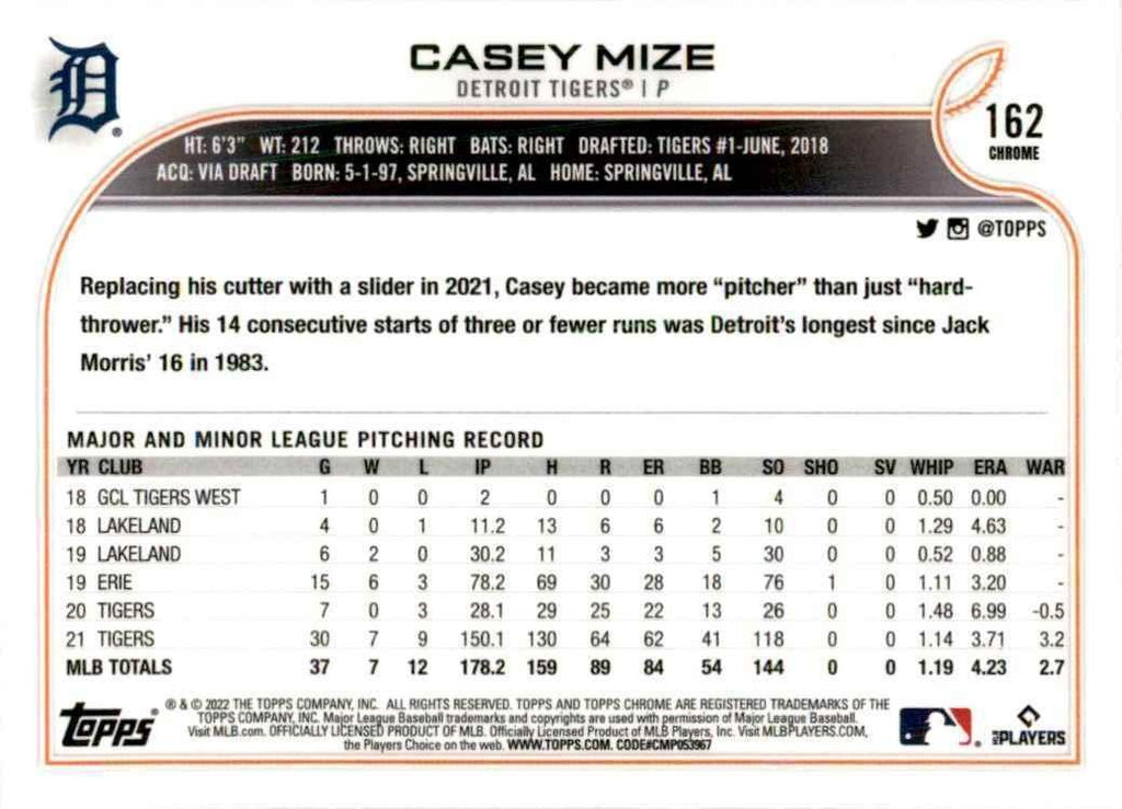 2022 Topps Chrome Casey Mize A Baseball Cards #162