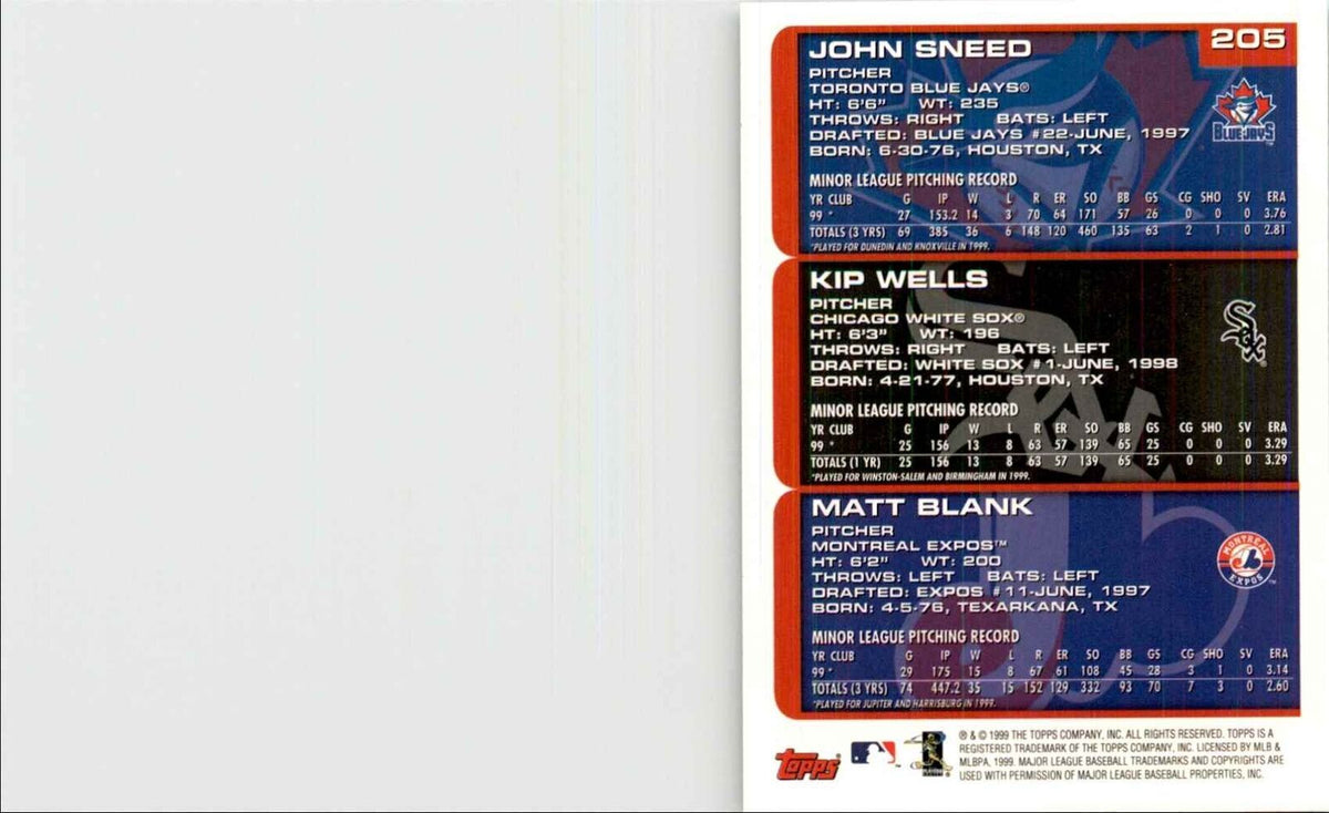 2000 Topps Matt Blank/Kip Wells/John Sneed Baseball Cards #205