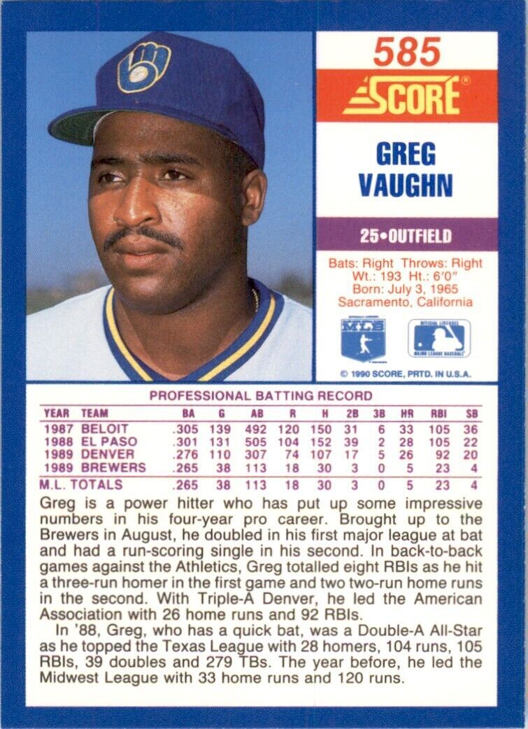 1990 Score Greg Vaughn Baseball  Cards #585
