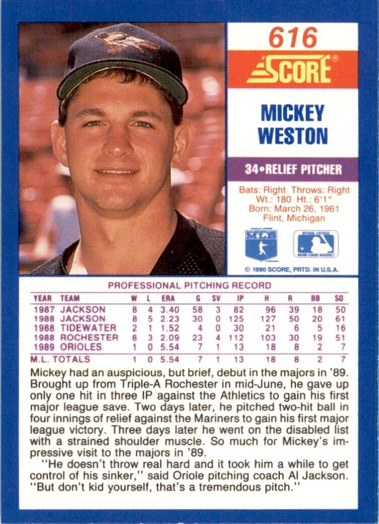 1990 Score Mickey Weston Baseball  Cards #616