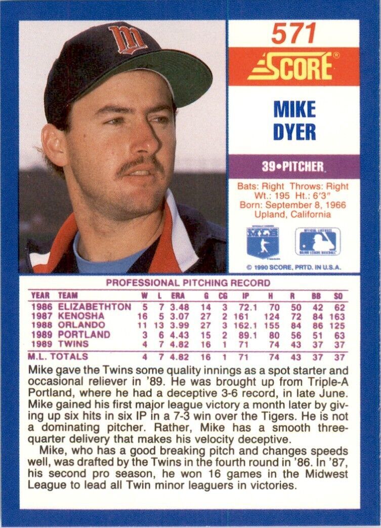 1990 Score Mike Dyer Baseball  Cards #571