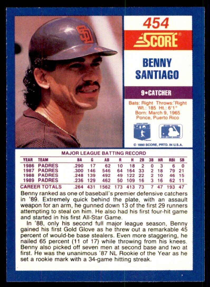 1990 Score Benny Santiago Baseball Cards #454