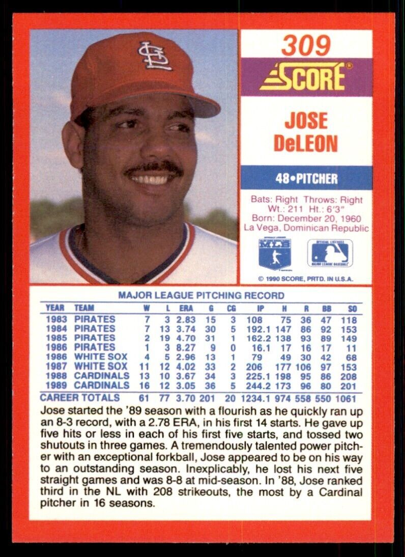 1990 Score Jose DeLeon Baseball Cards #309