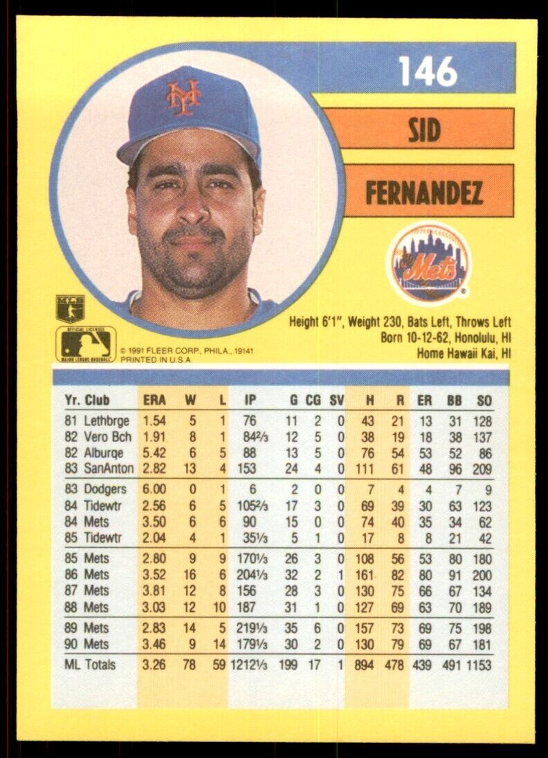 1991 Fleer Sid Fernandez Baseball Cards #146