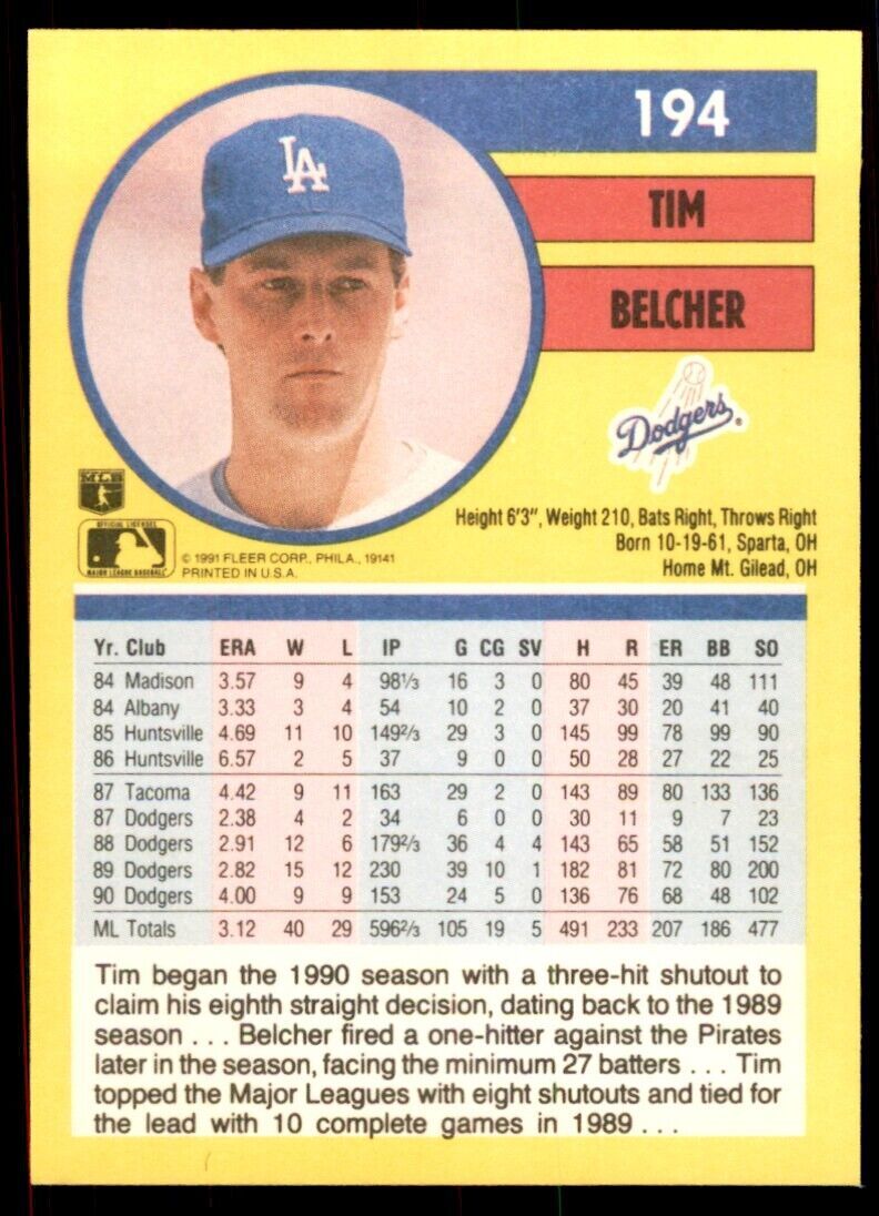 1991 Fleer Tim Belcher Baseball Cards #194