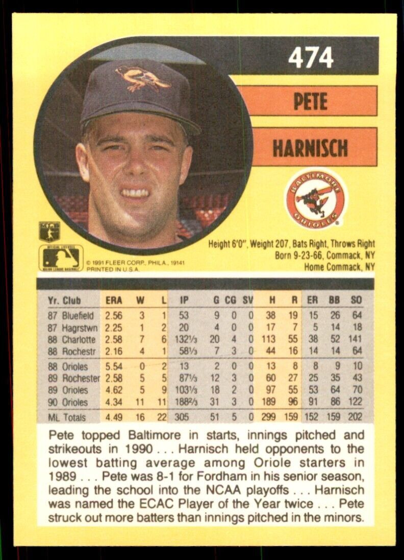1991 Fleer Pete Harnisch Baseball Cards #474