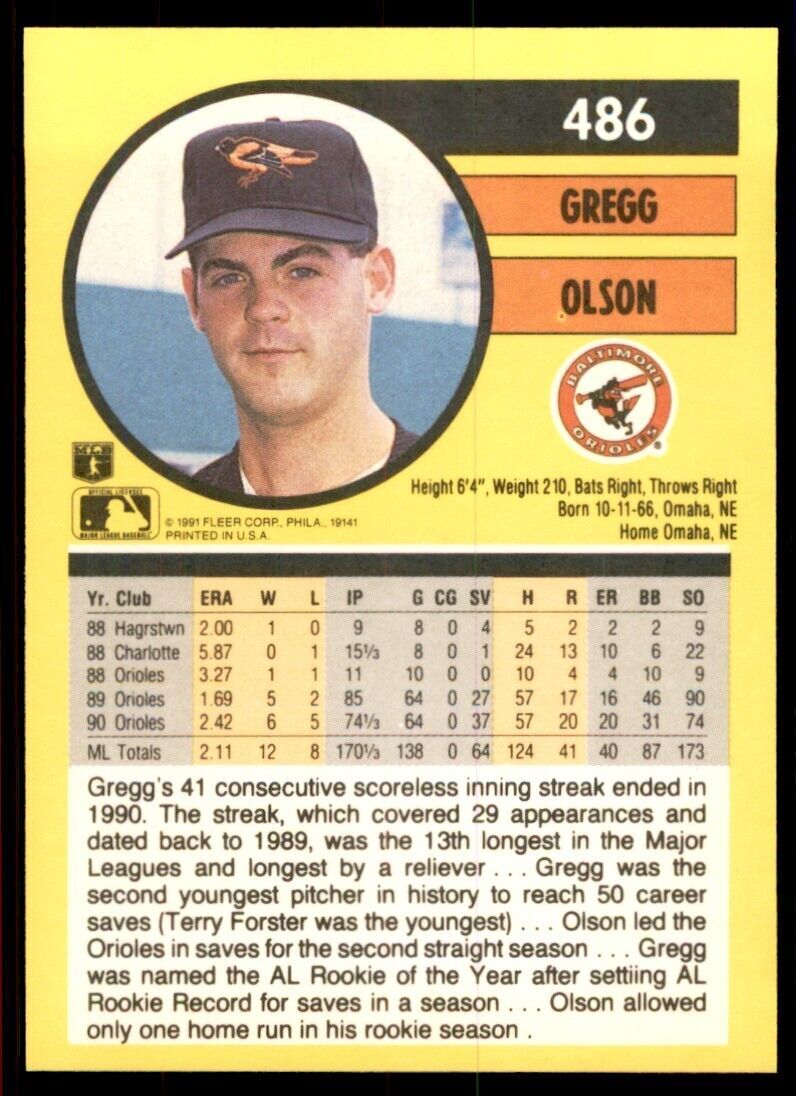 1991 Fleer Gregg Olson Baseball Cards #486
