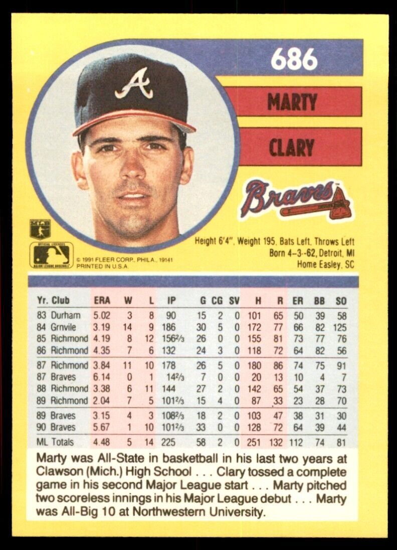 1991 Fleer Marty Clary Baseball Cards #686
