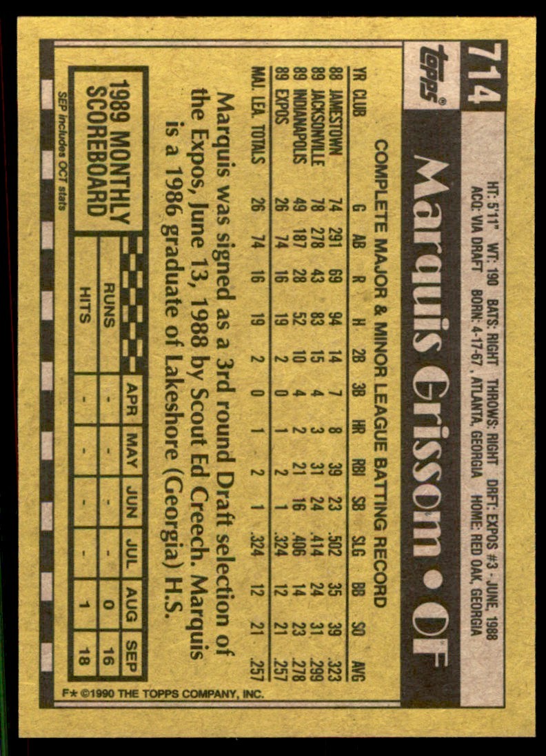 1990 Topps Marquis Grissom Baseball Cards #714