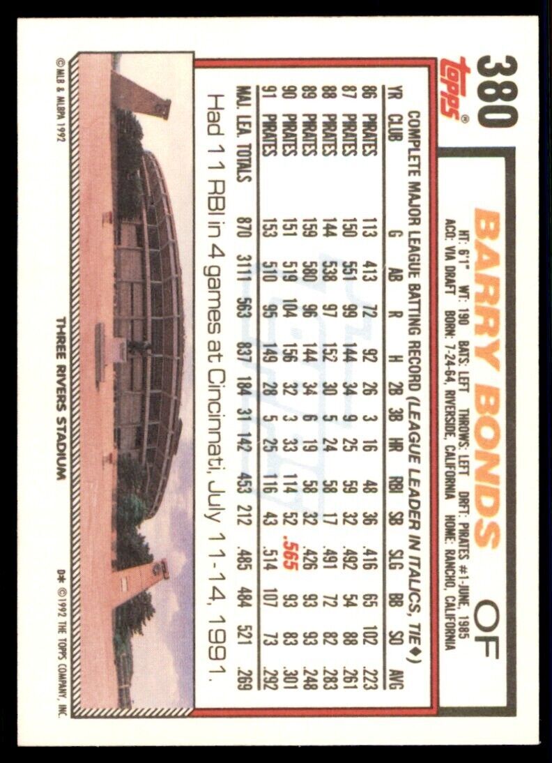 1992 Topps Barry Bonds A Baseball Cards #380