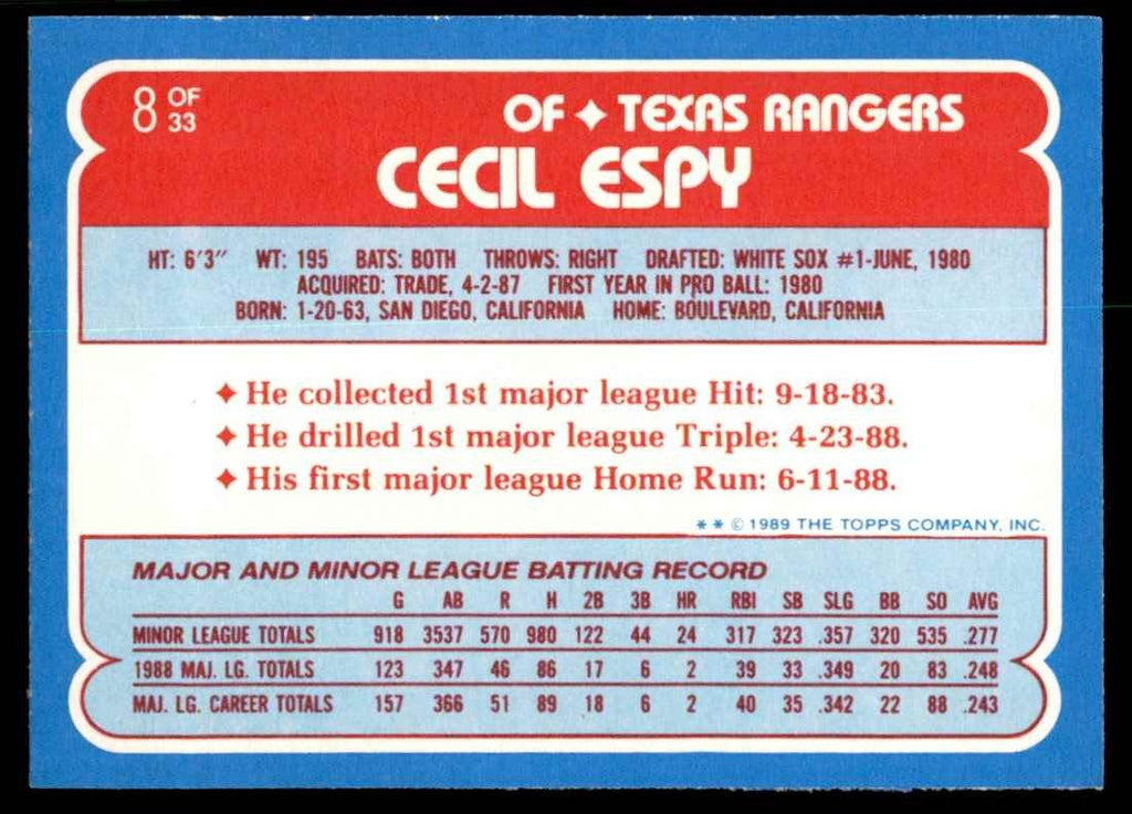 1989 Topps Toys'R'Us Rookies. Cecil Espy Baseball Cards #8