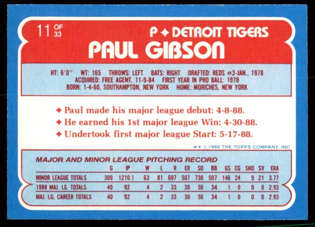 1989 Topps Toys'R'Us Rookies. Paul Gibson Baseball Cards #11